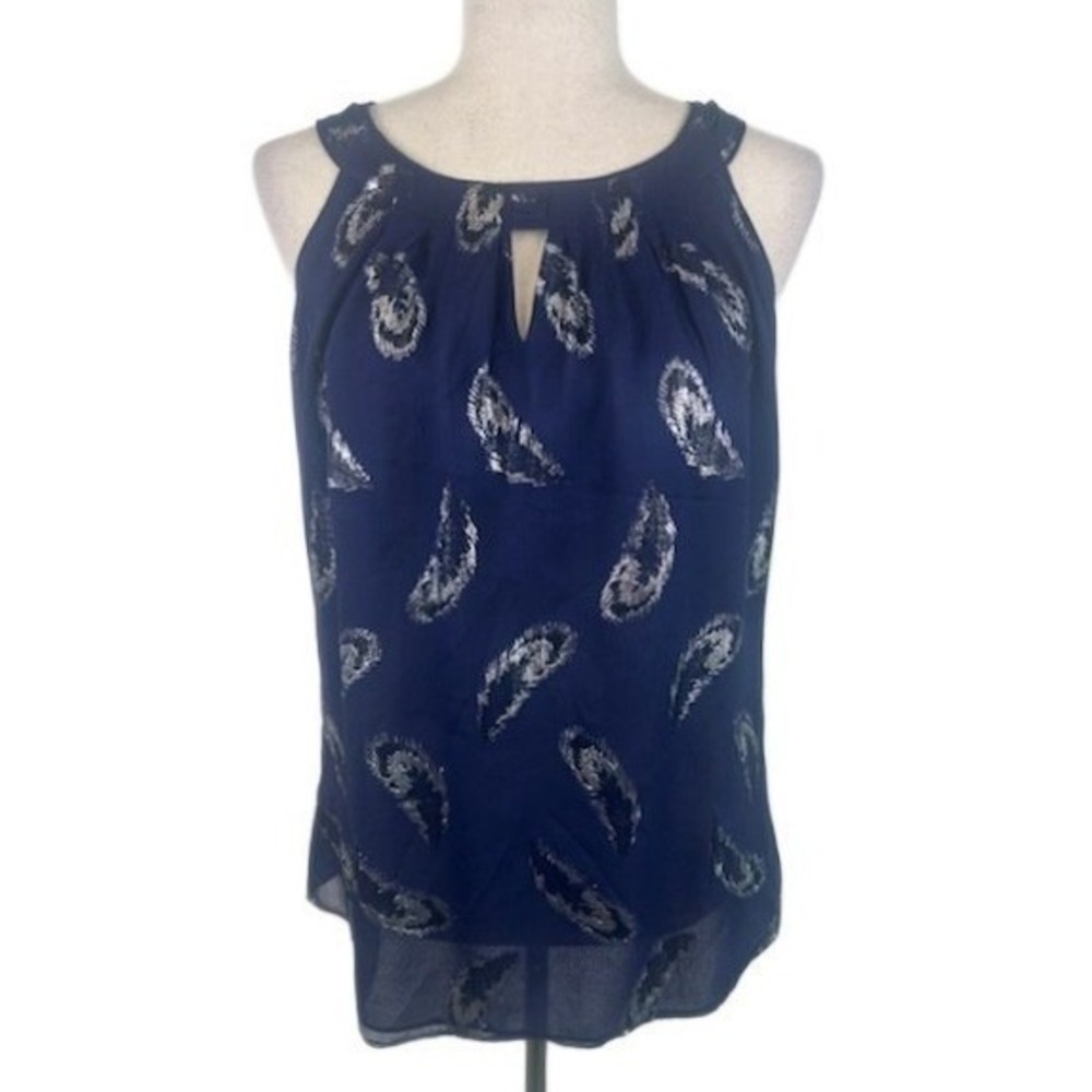 White House Black Market Silk Navy Paisley Silver Foil Top Blouse Size Medium
